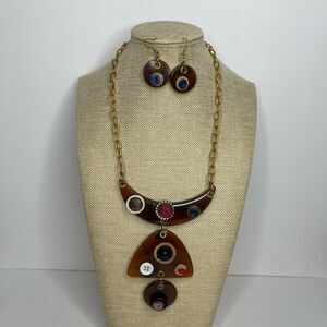 Vintage Handmade Necklace Lucite Pendant w/ Matching‎ Earrings Buttons Marbled